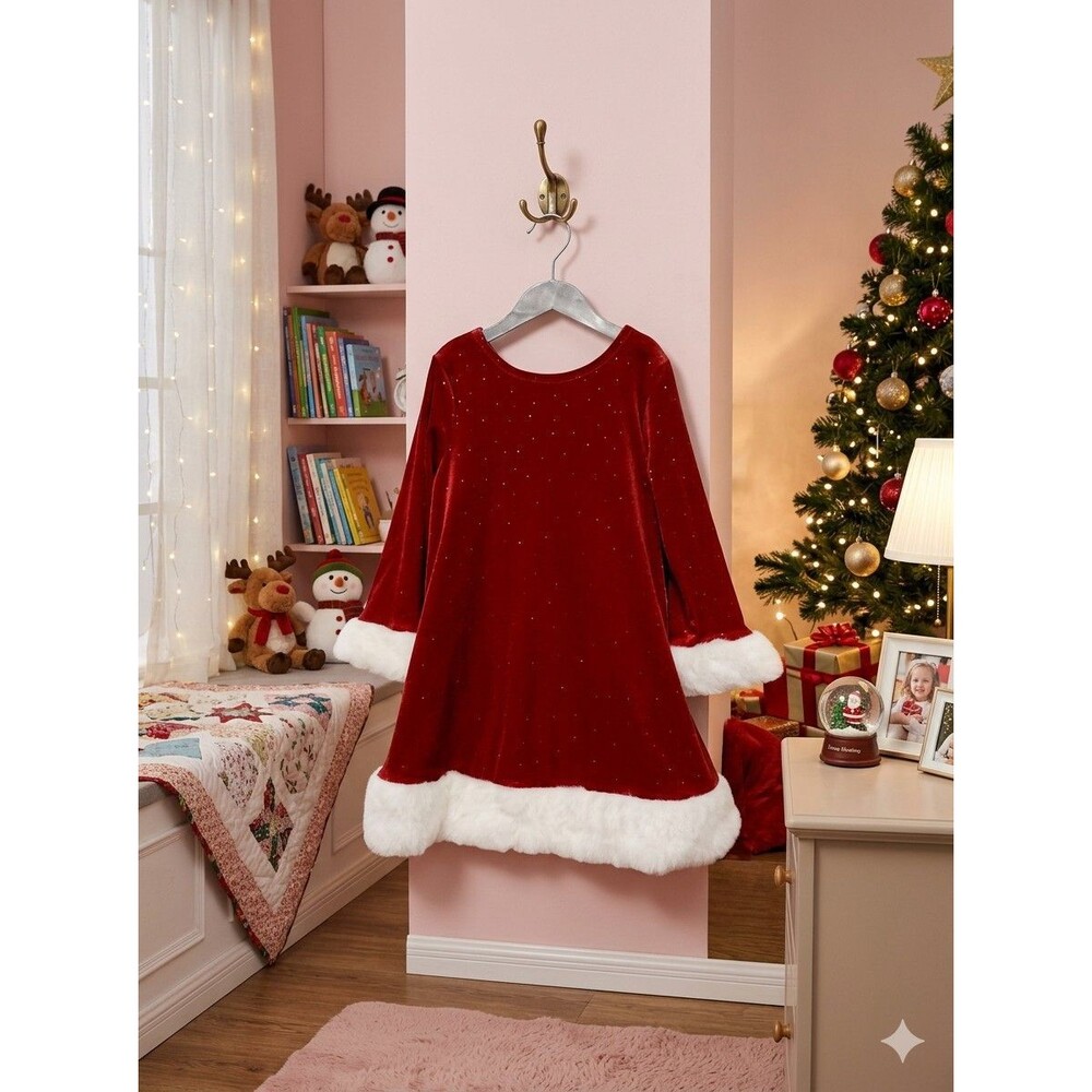 Girls Red Velvet Santa Christmas Dress Faux Fur Trim Long Sleeve Holiday 4T